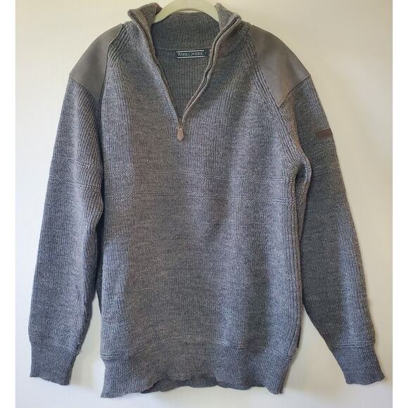 Wool Overs Mens L British Wool Leather Elbow Shoulder Patches Sweater 1/4 Zip - Picture 1 of 13